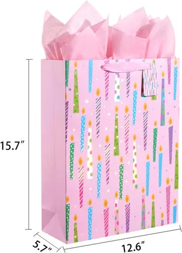 Vista 5 de SUNCOLOR Bolsa de regalo extra grande de 16 pulgadas con papel de seda para niñas (velas de cumpleaños feliz)