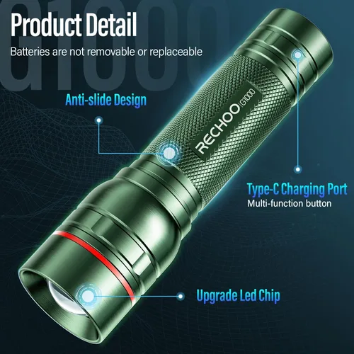 Vista 5 de Linternas recargables de alto lúmenes, luz de flash súper brillante G1000, pequeña linterna LED con zoom con 3 modos de iluminación, linterna Verde