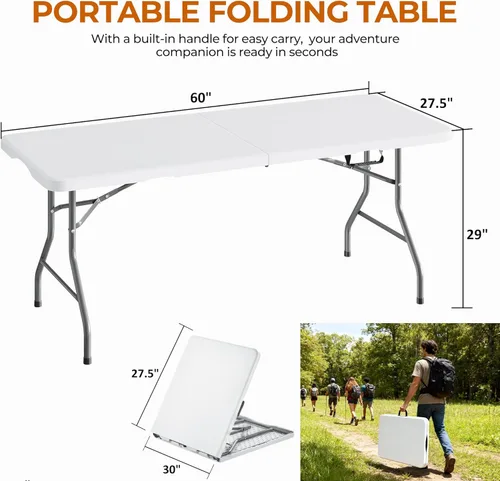 Vista 22 de Mesa plegable de 5 pies con asa de transporte, mesa plegable de plástico portátil con cerraduras de seguridad, mesa plegable de plástico resistente