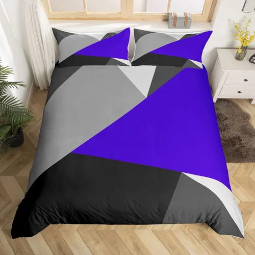 Vista 12 de Juego de ropa de cama con diseño de rayas geométricas de retazos, color naranja, gris y negro, funda de edredón a rayas blancas y gris claro