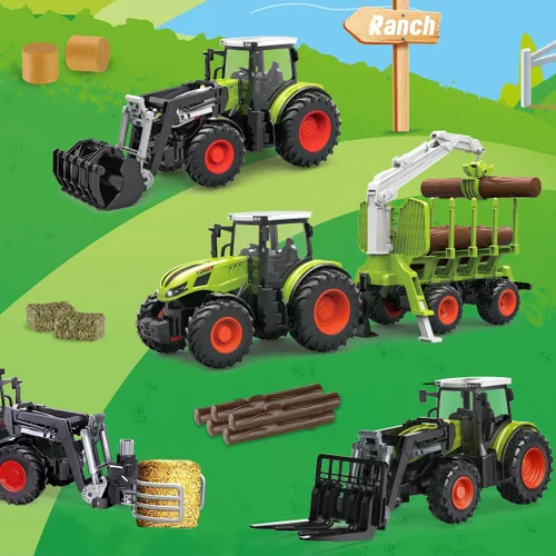 Vista 2 de Juego de Tractor de Granja con Control Remoto 2.4Ghz Tractor RC Electrónico con Remolque y Camión Maderero, Juego de Juguetes de Granja