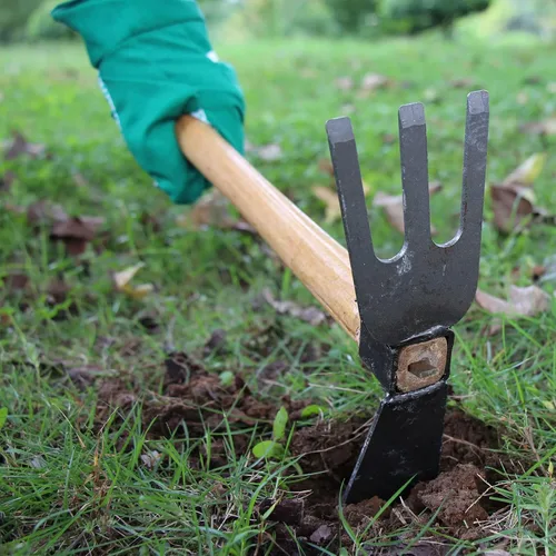 Vista 6 de SENJEOK 2 piezas de azada y cultivador de mano, herramienta de desmalezado de doble cabeza, herramienta de jardín de azada con hoja de acero al