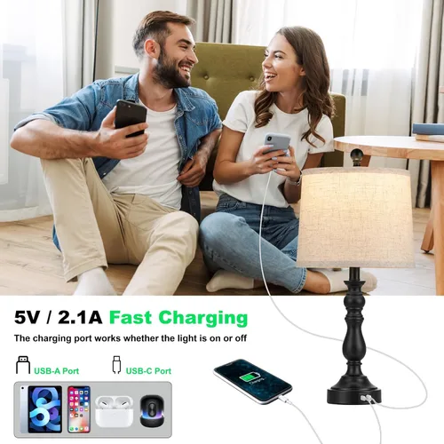 Vista 3 de Juego de 2 lámparas de mesa de granja de 23 pulgadas para sala de estar, con puertos USB C+A, lámpara de noche retro para dormitorio, oficina, negro