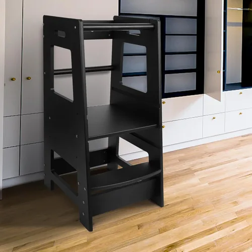Vista 2 de Ecomex Taburete de cocina para niños pequeños con riel de seguridad, torre auxiliar pequeña de altura ajustable para encimera de cocina y fregadero