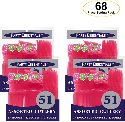 Vista 4 de Party Essentials Paquete combinado de cubiertos de plástico duro disponible en 15 colores, rosa neón, 68 lugares