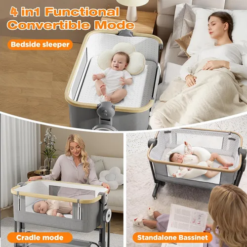 Vista 5 de Cuna para bebé 4 en 1, cuna junto a la cama para bebé, cuna con balanceo con colchón cómodo y ruedas, cuna portátil plegable fácil de ajustar en 7