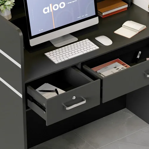 Vista 4 de AIEGLE Escritorio de recepción con cajones y estantes de almacenamiento, mesa con paneles privados, para sala de recepción, sala de recepción, Negro