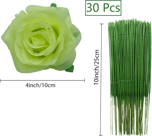Vista 2 de 30 piezas de rosas artificiales de seda con cabezas y tallos de rosas artificiales para decoración del hogar y boda (verde)