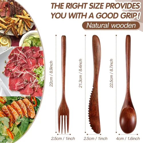 Vista 2 de Geiserailie Juego de 12 utensilios de madera para comer, cuchara, tenedor, cuchillo, cubertería de cocina, vajilla de madera, incluye cuchara