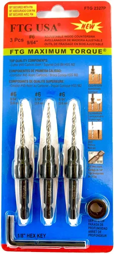Vista 33 de FTG USA Juego de 3 brocas avellanadoras ajustables para madera #4 (7/64 pulgadas) con brocas cónicas para carpintería
