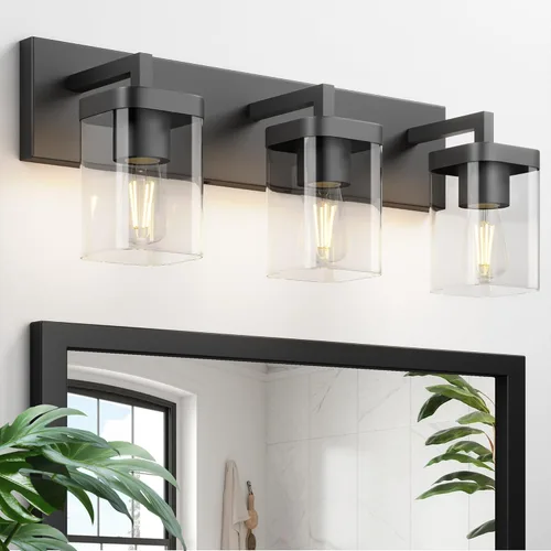 Vista 12 de Lámpara de tocador de baño cromada, accesorios de iluminación de tocador modernos de 3 luces con diseño cuadrado sobre espejo, accesorios