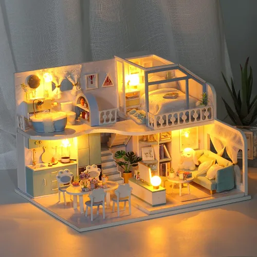 Vista 7 de GuDoQi Kit de casa de muñecas en miniatura, kit de casa pequeña con muebles, kit de casa en miniatura a escala 1:24, gran regalo para cumpleaños