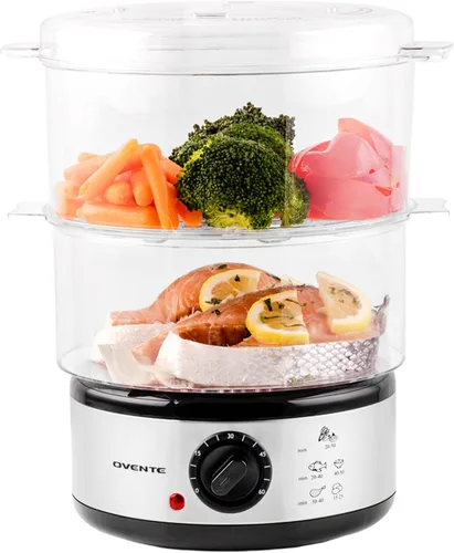 OVENTE Vaporizador eléctrico de alimentos de 2 niveles, olla de vapor apilable de acero inoxidable de 5 cuartos de galón con potencia de 400 W,
