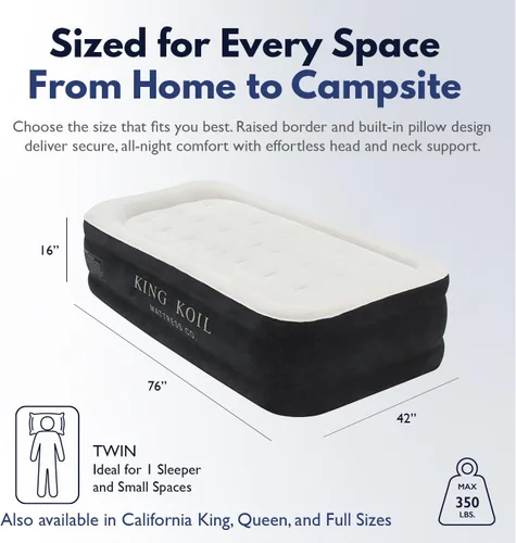 Vista 2 de King Koil colchón de aire de tamaño individual con bomba de aire integrada, la mejor cama inflable de tamaño individual, colchón de aire elevado