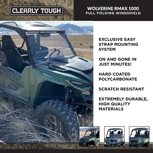 Vista 5 de Clearly Tough Parabrisas plegable completo Wolverine RMAX 1000 (también se adapta a máquinas X2/X4 2021 y más nuevas) Resistente a los arañazos