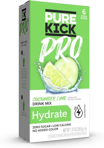 PURE KICK PRO Hydration - Mezcla de bebida con electrolitos, pepino y lima, incluye 1 caja con 6 paquetes en cada caja