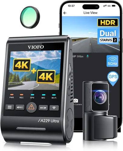 VIOFO A229 Ultra 2CH Dual 4K Dash Cam frontal y trasera, sensores STARVIS 2 IMX678 dobles y 2 canales 4K HDR, Wi-Fi de 5 GHz más rápido y cámara GPS