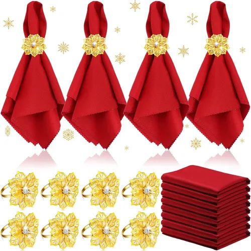Vista 9 de EBOOT 16 piezas de servilletas de Navidad y juego de porta servilletas 8 piezas de servilletas lavables rojas de tela y 8 porta servilletas