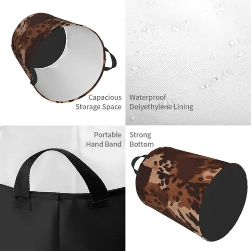 Vista 4 de brown cowhide art print Circular Hamper Waterproof Storage Bin Organizer Basket Laundry Hamper With Handles For Clothes Toys Small