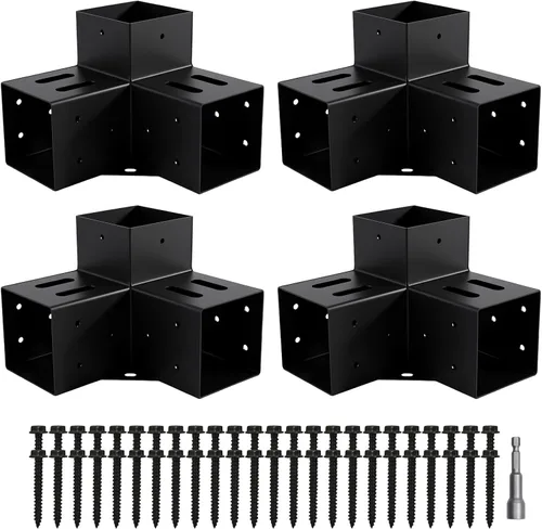 4 piezas de soporte para pérgola (Real: 3.6"x3.6") Soporte de esquina de 3 vías de ángulo recto con revestimiento en polvo negro, kit de pérgola DIY