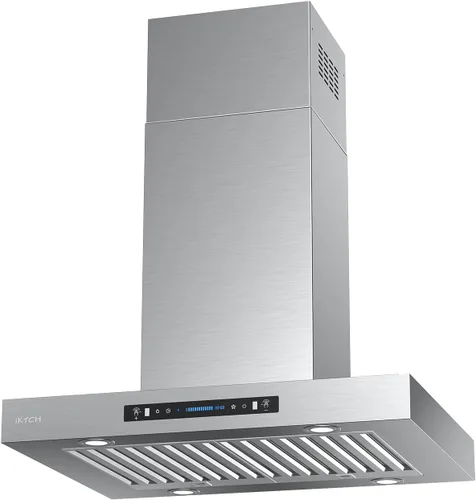 Vista 8 de IKTCH Campana extractora de 36 pulgadas para isla, 900 CFM con conducto, acero inoxidable y vidrio templado, control por gestos y táctil, ventilador