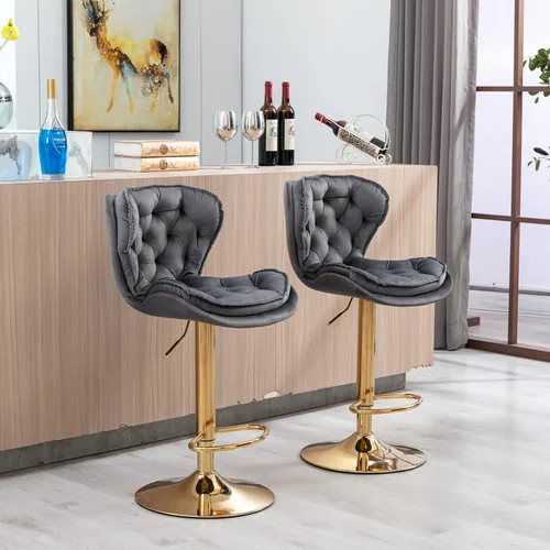 Vista 3 de Set of 2 Stools,with Footrest,Velvet,Metal Leg, Upholstered,Base Swivel, Height Adjustable,Comfortable Seating,with backrest,Living Room, Dining