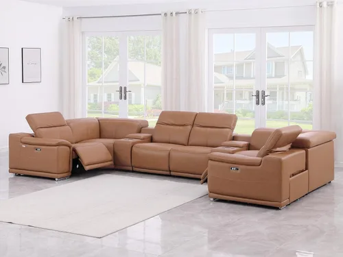 Vista 286 de BlackJack Furniture Venice - Sofá modular de cuero italiano de grano superior de 5 piezas con 3 reclinables eléctricos, reposacabezas ajustable