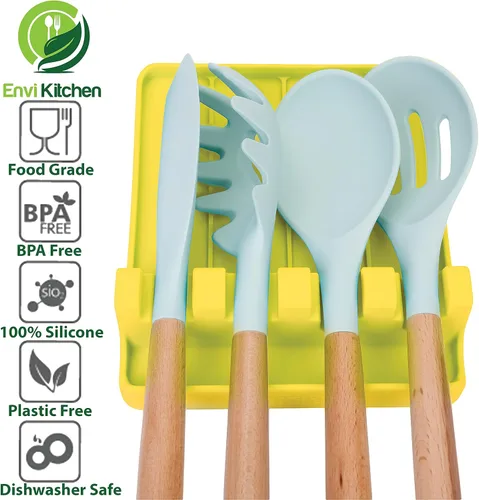 Vista 2 de Soporte para cuchara de silicona, soporte grande para utensilios de cocina con paredes de almohadilla de goteo, múltiples soportes para cucharas