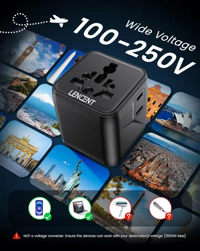 Vista 7 de LENCENT Adaptador universal de enchufe de viaje, adaptador de corriente internacional con doble salida de CA, cargador de pared mundial para EE. UU.