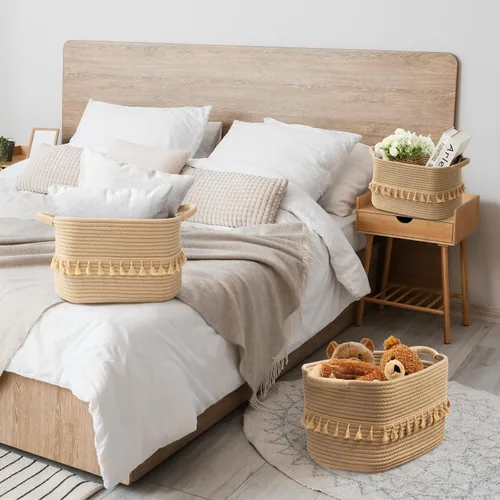 Vista 9 de TeoKJ Cesta de almacenamiento de 3 unidades para organizar, cestas de algodón de cuerda para juguetes, ropa, mantas, cesta decorativa para sala