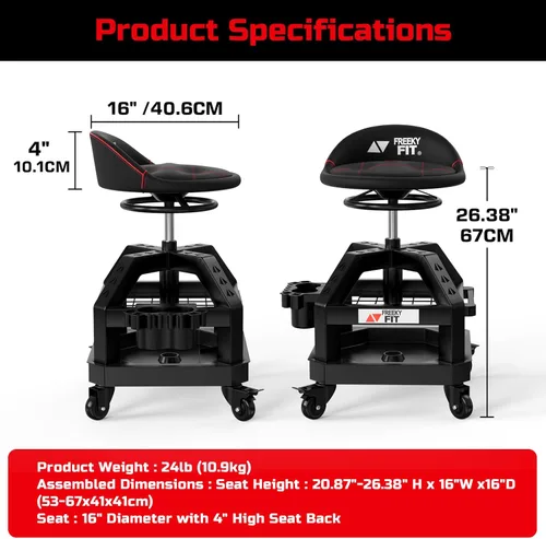 Vista 8 de Rolling Shop Taburete para garaje con ruedas, DO02 - Asiento giratorio de 360° de altura ajustable con almacenamiento de bandeja de herramientas