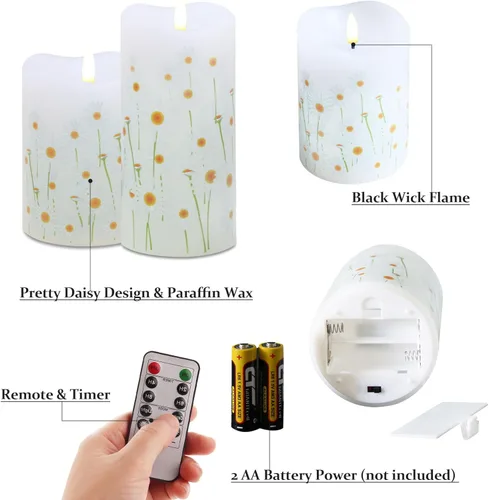 Vista 3 de Eywamage Velas de pilar sin llama con flores blancas y control remoto, juego de 2 velas LED con batería de margaritas de primavera parpadeantes