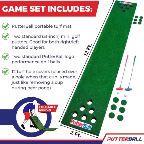 Vista 2 de PutterBall Original Golf Putting Game Set – Backyard 12 ft Putting Green Pong Style Golf Mat with 2 Putters, 2 Balls & Hole Covers