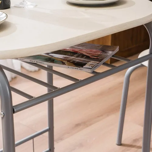 Vista 8 de Juego de mesa redonda y silla de madera de 3 piezas para cocina, comedor, espacio compacto con marco de acero, estante de vino incorporado (blanco)