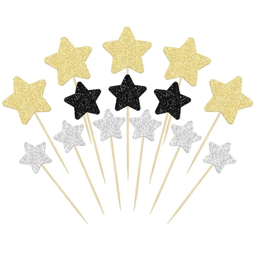 Vista 7 de Gyufise 42 piezas de tamaño mixto negro pequeña estrella para cupcakes con purpurina Twinkle Star Cupcake Picks boda compromiso despedida de soltera