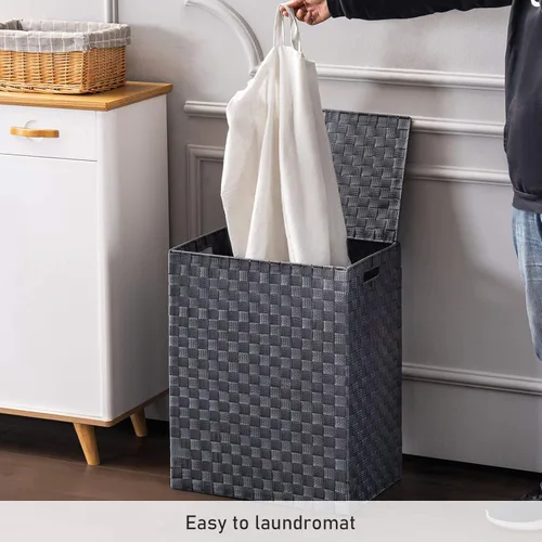 Vista 3 de YOUDENOVA Cesta de lavandería tejida a mano con bolsa extraíble y tapa, cesta de ropa plegable con asa, color gris