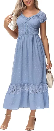 Vista 16 de Anna-Kaci Vestido Maxi de Doncella Campesina Renacentista Inspirado Boho con Manga Corta y Ribete de Encaje Beige