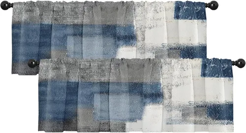 Vista 15 de Emvency Paquete de 2 cenefas para ventana, cortinas opacas de arte moderno abstracto azul, cortinas ajustables para ventanas, sala de estar, cocina