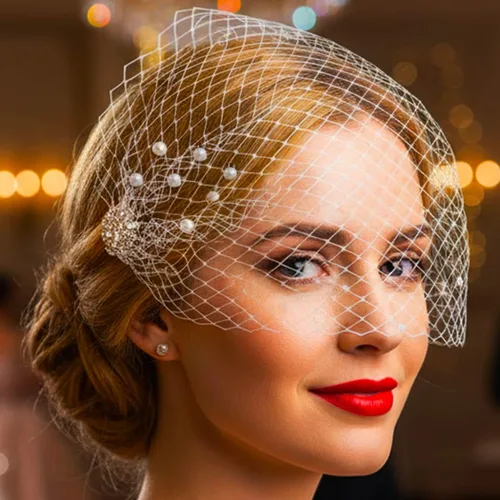 Vista 6 de Heread 1920s Pearl Bride Wedding Birdcage velo blanco cristal nupcial accesorios con peine para mujeres y niñas