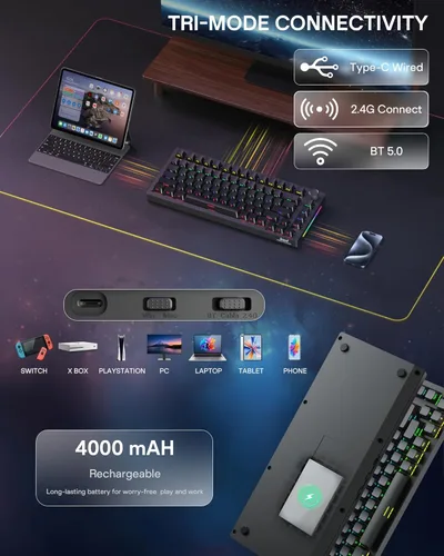 Vista 6 de HINATSUSIKE H83 PRO Wireless Mechanical Gaming Keyboard, 75% Gaming Equipment with Knob, Hot Swappable Cardamom Switches, PBT Keycaps, RGB Backlit