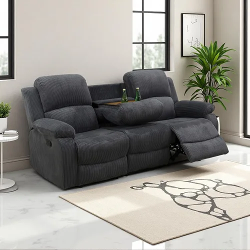 Vista 10 de Sofá reclinable manual, sofá reclinable de lujo de 3 plazas, sofá reclinable con portavasos y mesa de café, sofá de cuero sintético para sala