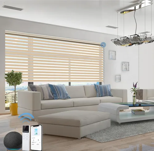 Vista 18 de tipiace Persianas inteligentes de cebra motorizadas con cable duro con Alexa Google Home, tela filtrante de luz de doble capa, persianas Negro