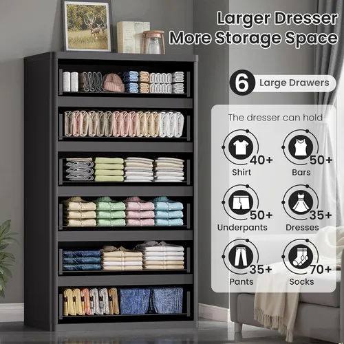 Vista 3 de Standifurno Cómoda negra de 56 pulgadas de alto para dormitorio, moderna acanalada con 6 cajones profundos, cómoda de madera con asas, perfiles