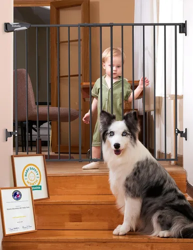 Vista 10 de Babelio Puerta de seguridad para bebés para escaleras, cocina y puertas, sin barra inferior, fácil instalación, operación con una sola mano, cierre