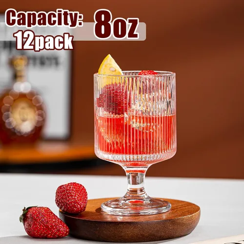 Vista 2 de Juego de 12 copas de vino vintage, copas de agua de vidrio estilo origami de 8 onzas, copas de cóctel con tallo con patrón único en relieve, copas