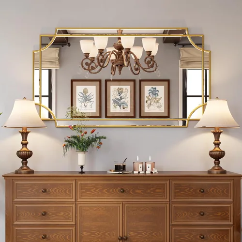 Vista 2 de Kelly Miller Espejo dorado grande de 28" x 50" para pared, espejo decorativo rectangular moderno y elegante, espejo de tocador biselado para baño