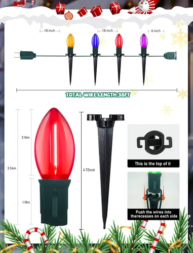 Vista 2 de Luces LED C9 para caminos de Navidad al aire libre, 38 pies, 25 bombillas LED C9 multicolor, luces de estacas de camino de Navidad, luces
