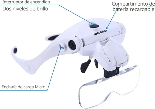 Vista 3 de Lupa YOCTOSUN de cabeza LED, recargable, manos libres, lupa de diadema con 2 LEDs con soporte profesional de luz para fabricación de joyería
