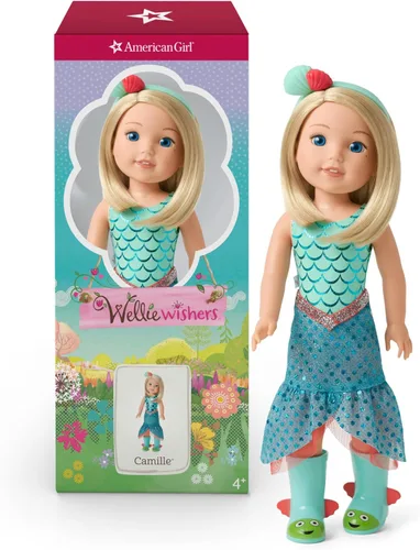 American Girl WellieWishers - Muñeca Camille de 14.5 pulgadas con leotardo azul, falda de sirena, diadema y botas, para mayores de 4 años