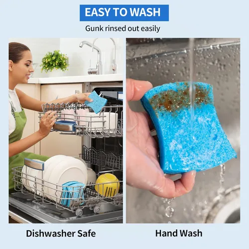Vista 5 de Esponjas de limpieza de celulosa sin rayones, paquete de 12, esponjas de cocina con diseño de doble cara y ergonómico para platos, utensilios